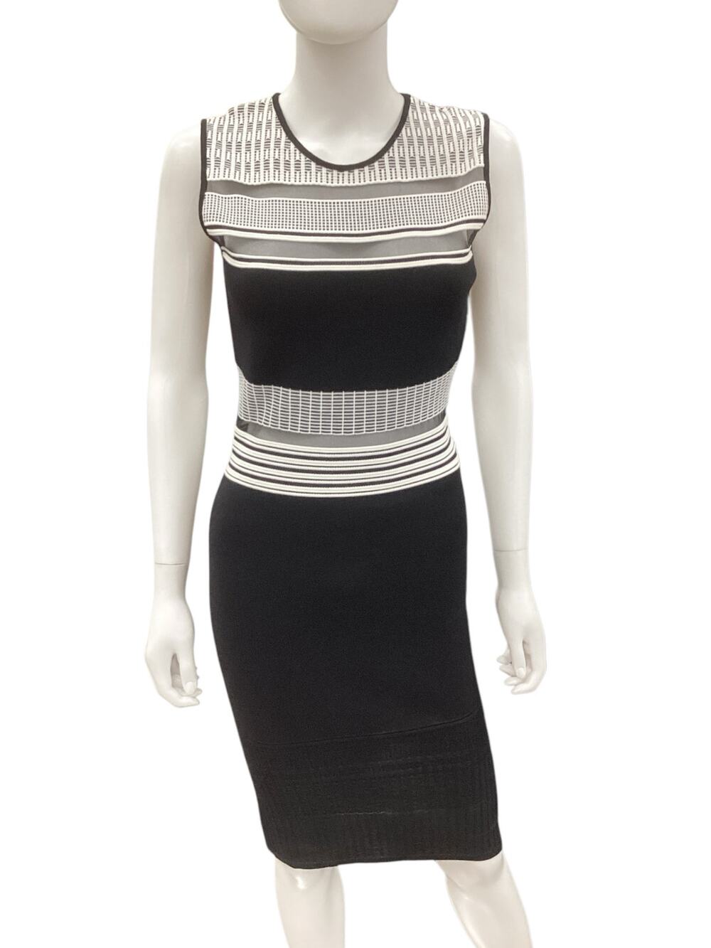 RVN Dress Women’s SZ S Made In USA Fine Knit Mesh Panels Bodycon Sleeveless B&W